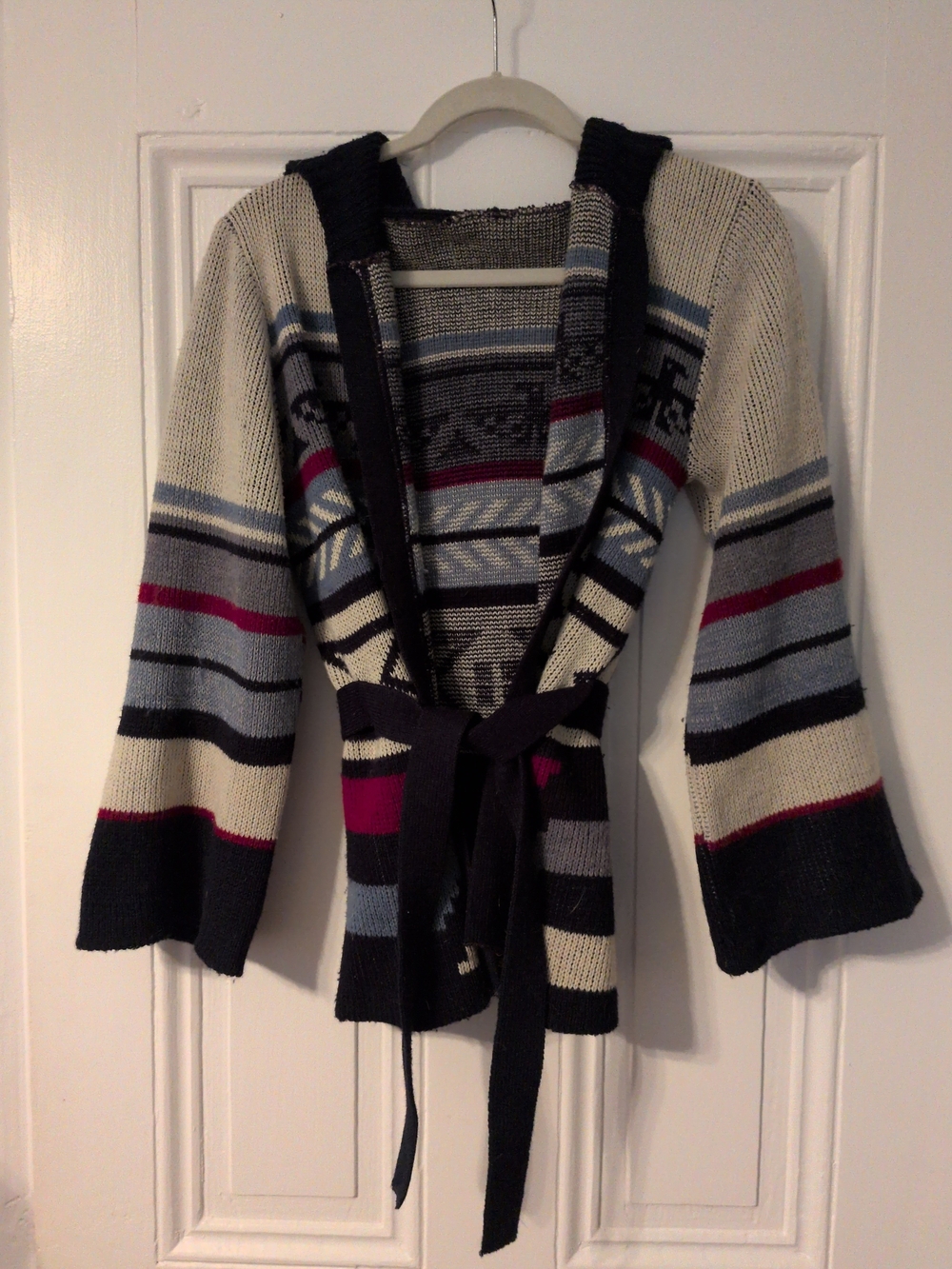 Striped Knit Wrap Cardigan Sweater - Cream, Navy & Gray with Magenta Accent,